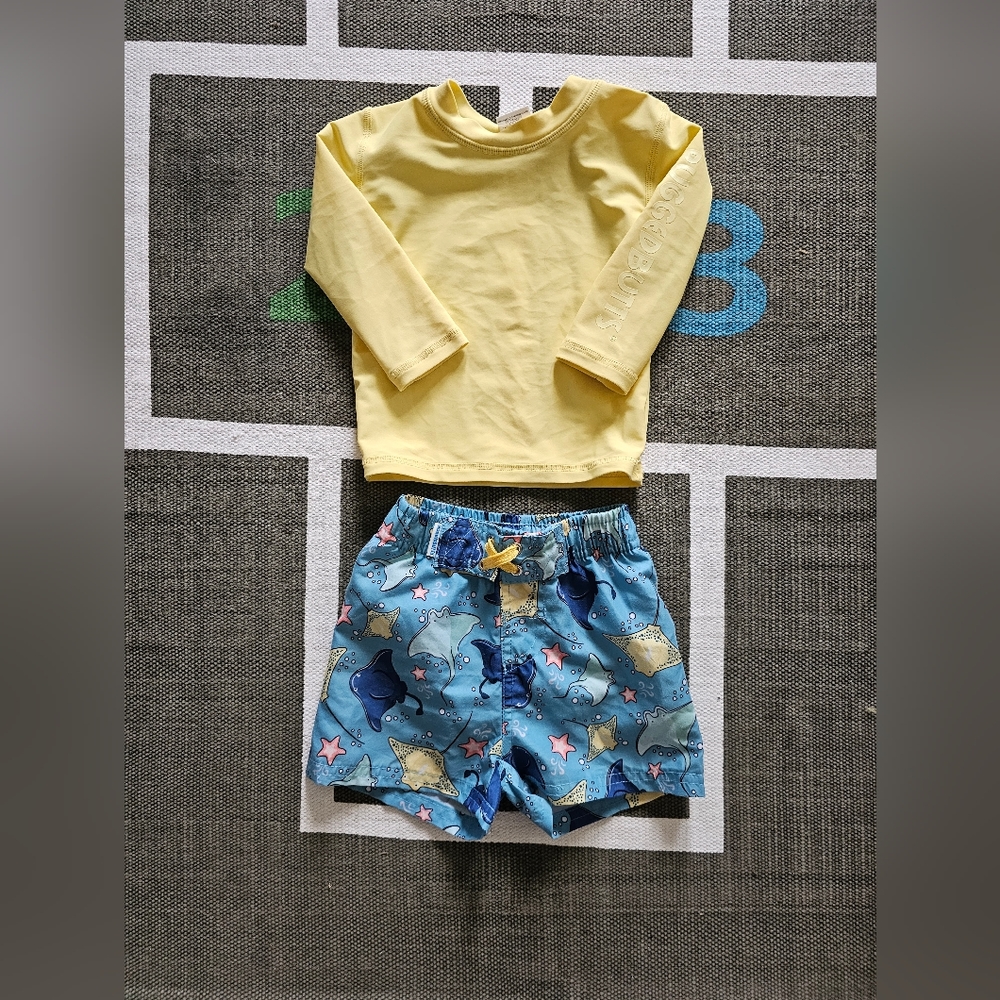 Rugged Butts boys swim trunks and rash guard size 6-12 months